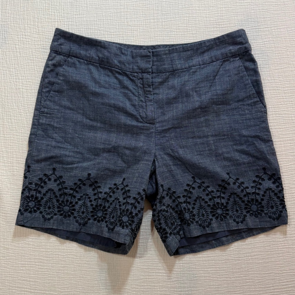 Talbots Navy Blue Linen Blend Shorts with Black Embroidered Hem